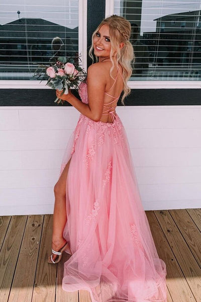 Pink Tulle Backless Lace Long Prom Dresses with High Slit, Pink Lace Formal Dresses, Pink Evening Dresses with Appliques WT1114
