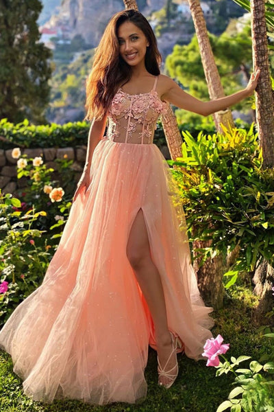 Pink Tulle Floral Long Prom Dresses, Pink Formal Dresses with Flowers, Long Pink Evening Dresses