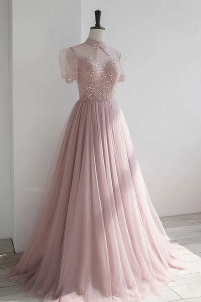 Pink Tulle High Neck Beaded Long Prom Dresses, Short Sleeves Pink Formal Dresses, Pink Sequins Evening Dresses