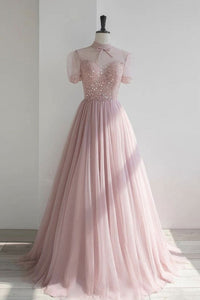 Pink Tulle High Neck Beaded Long Prom Dresses, Short Sleeves Pink Formal Dresses, Pink Sequins Evening Dresses