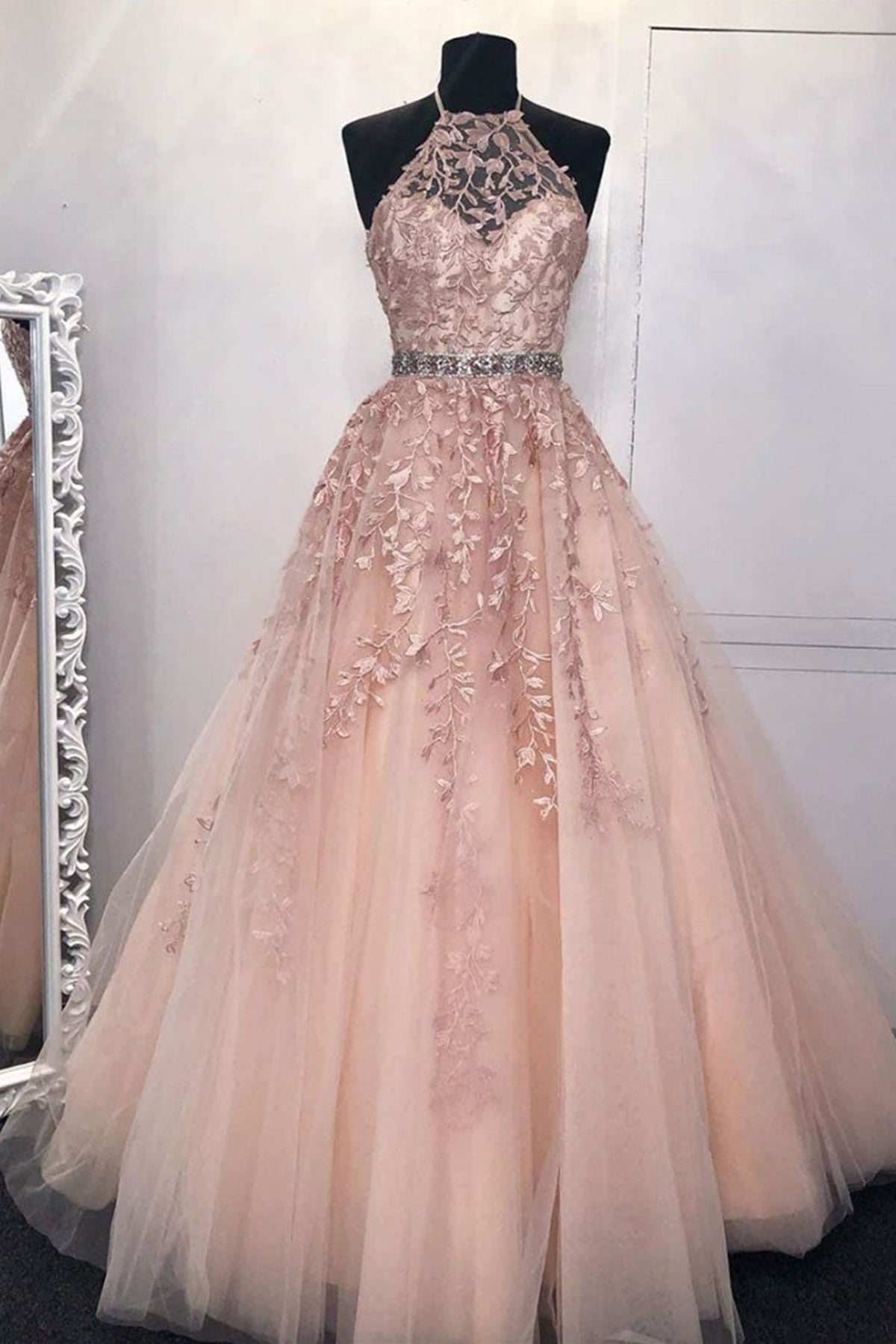 Pink Tulle Lace Long Prom Dresses with Belt, Pink Lace Formal Evening Dresses