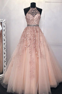 Pink Tulle Lace Long Prom Dresses with Belt, Pink Lace Formal Evening Dresses