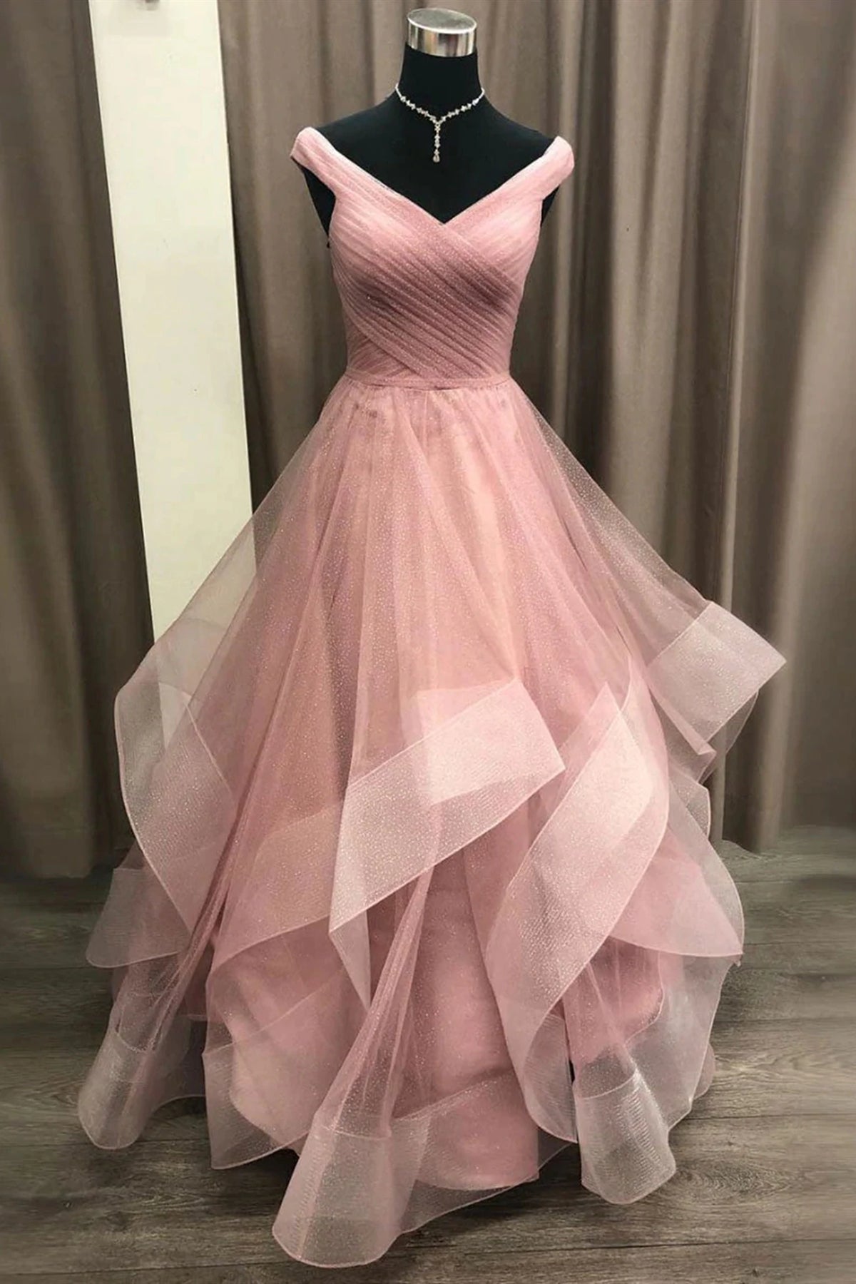 Pink Tulle Long Prom Dresses Off Shoulder Layered Pink Tulle Formal Evening Dresses