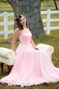 Pink Tulle Long Prom Dresses with Thin Straps, Long Pink Formal Graduation Evening Dresses