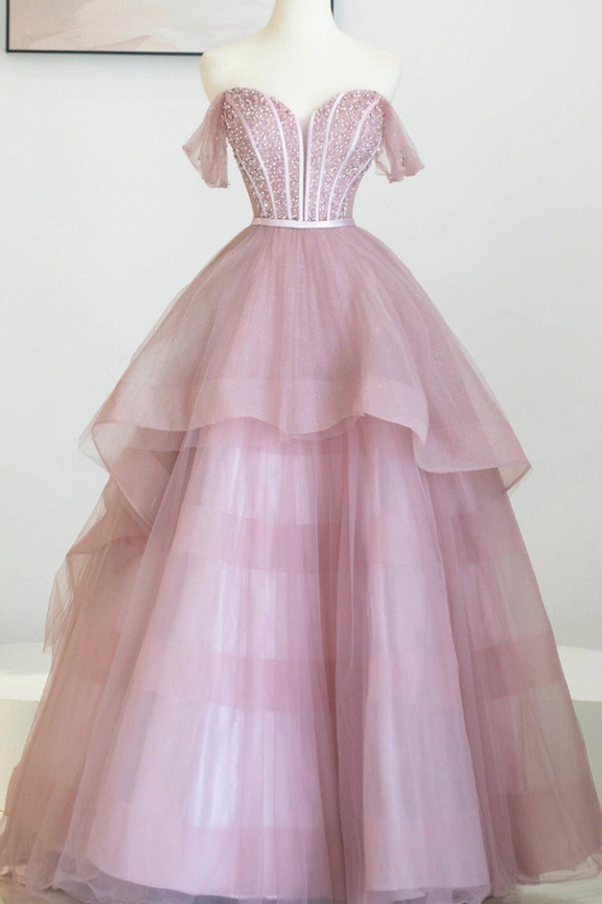 Pink Tulle Off Shoulder Beaded Layered Long Prom Dresses, Pink Formal Evening Dresses, Beaded Ball Gown WT1179