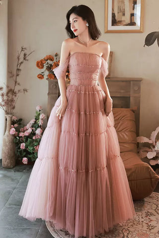Pink Tulle Off Shoulder Beaded Long Prom Dresses, Off the Shoulder Pink Formal Graduation Evening Dresses WT1191