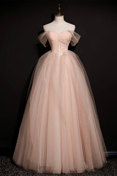 Pink Tulle Off Shoulder Long Prom Dresses, Off the Shoulder Pink Formal Dresses, Pink Lace Evening Dresses WT1053