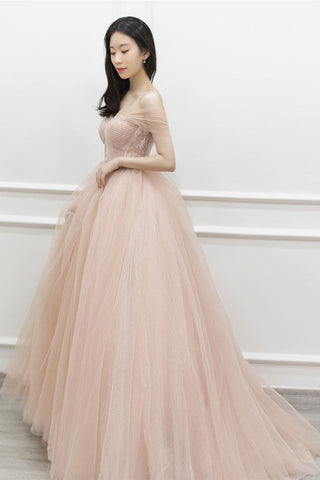 Pink Tulle Off Shoulder Long Prom Dresses, Off the Shoulder Pink Formal Dresses, Pink Lace Evening Dresses WT1053