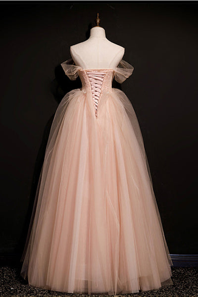 Pink Tulle Off Shoulder Long Prom Dresses, Off the Shoulder Pink Formal Dresses, Pink Lace Evening Dresses WT1053