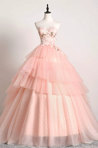 Pink Tulle Strapless Layered Floral Long Prom Dresses. Pink Tulle Formal Evening Dresses, Pink Ball Gown WT1186