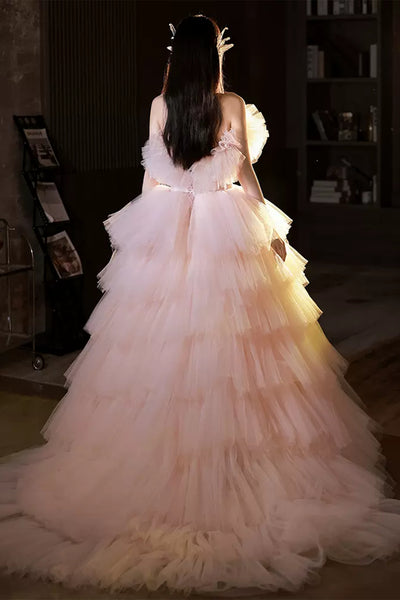 Pink Tulle Strapless Layered Long Prom Dresses with Train, Long Pink Formal Evening Dresses, Ball Gown WT1194