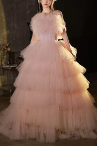 Pink Tulle Strapless Layered Long Prom Dresses with Train, Long Pink Formal Evening Dresses, Ball Gown WT1194