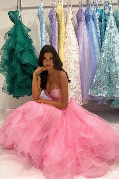 Pink Tulle Sweetheart Neck Strapless Long Prom Dresses with Belt, Strapless Pink Formal Evening Dresses WT1121
