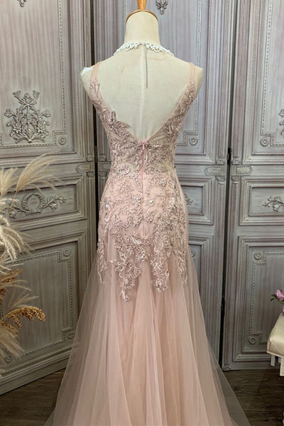 Pink Tulle V Neck Beaded Lace Long Prom Dresses, Pink Lace Formal Dresses, Beaded Pink Evening Dresses WT1181