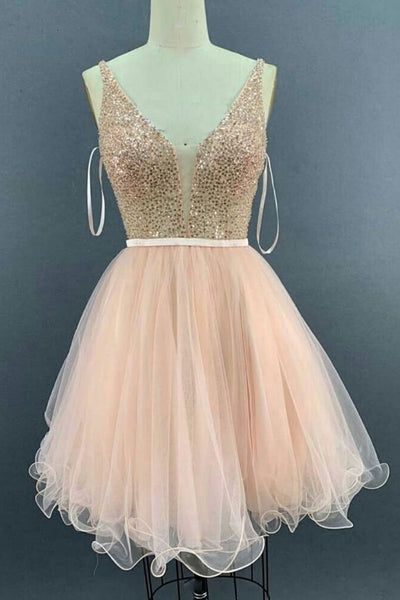 Pink Tulle V Neck Open Sequins Short Prom Dresses, V Neck Pink Homecoming Dresses, Pink Sequin Formal Evening Dresses