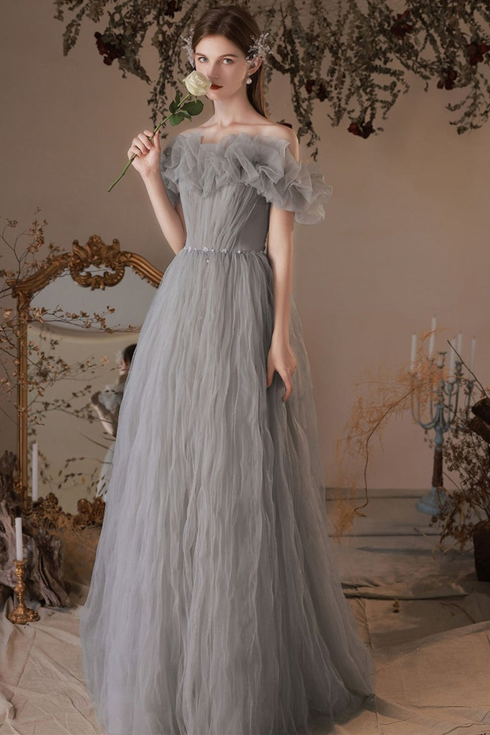 Pretty Off Shoulder Gray Tulle Long Prom Dresses with Belt, Off the Sh Lwt Dress Pretty Off Shoulder Gray Tulle Long Prom Dresses with Belt, Off the Sh Lwt Dress