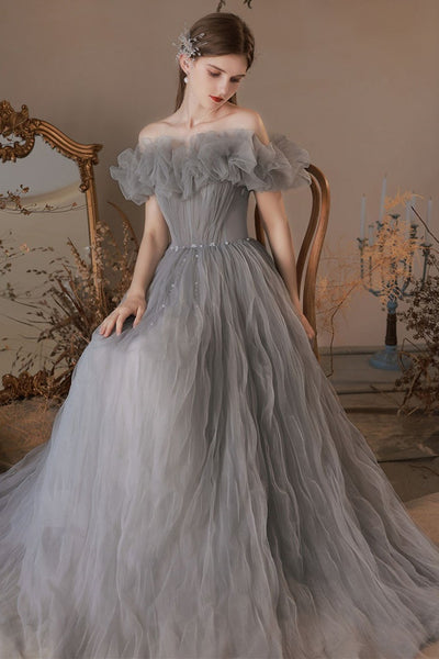 Pretty Off Shoulder Gray Tulle Long Prom Dresses with Belt, Off the Shoulder Gray Formal Dresses, Grey Evening Dresses