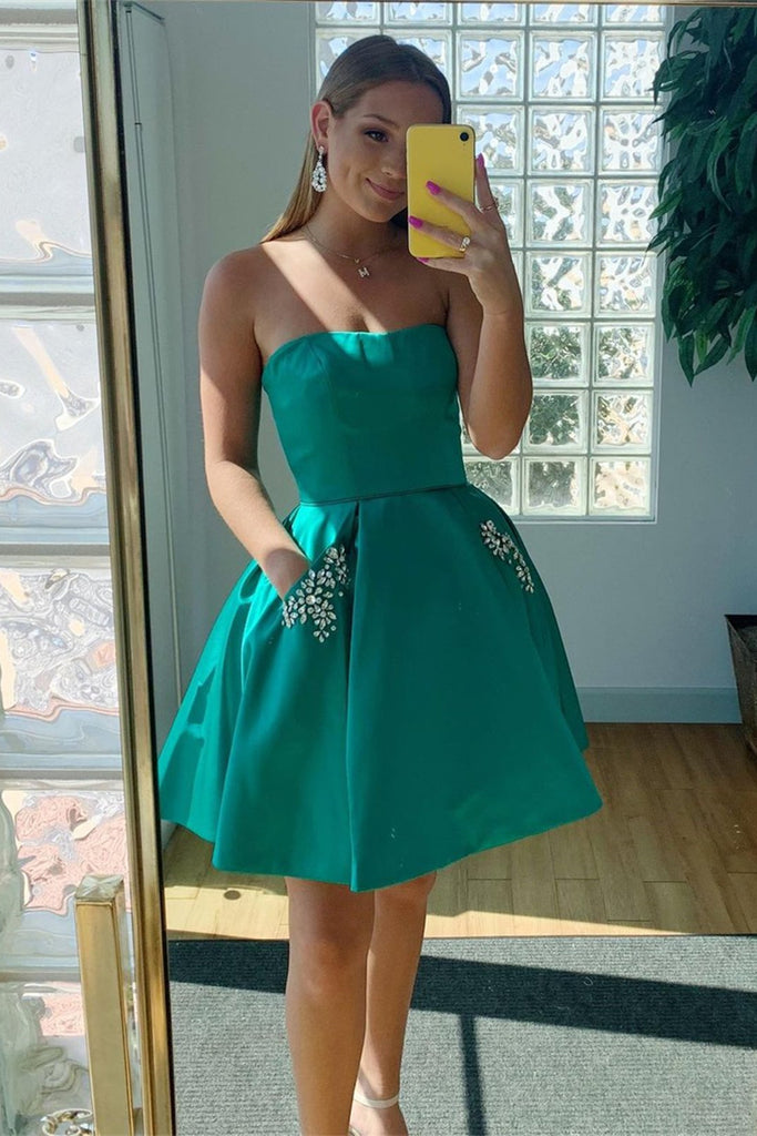 Pretty Strapless Green Satin Short Prom Dresses, Beaded Green Homecomi