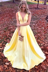 Pretty V Neck Yellow Satin Long Prom Dresses, V Neck Yellow Formal Graduation Evening Dresses