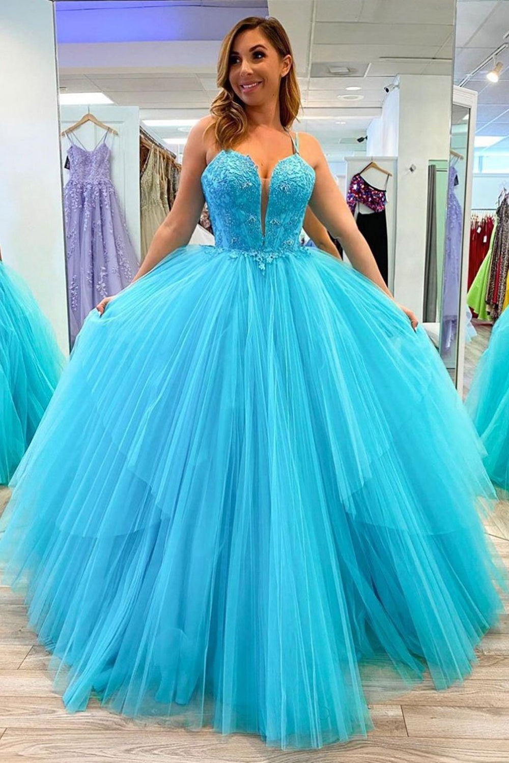 Princess Blue Lace Tulle Long Prom Dresses, Blue Lace Formal Dresses, Blue Evening Dresses