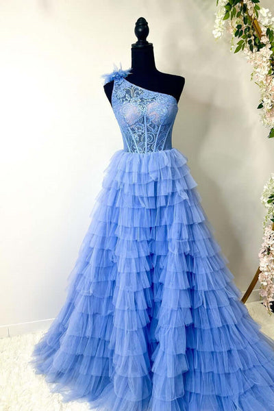 Princess One Shoulder Pink/Blue Lace Tulle Long Prom Dresses with High Slit, Pink/Blue Lace Formal Evening Dresses WT1131