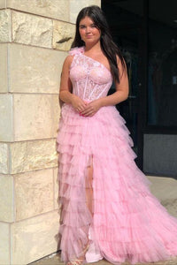 Princess One Shoulder Pink/Blue Lace Tulle Long Prom Dresses with High Slit, Pink/Blue Lace Formal Evening Dresses WT1131