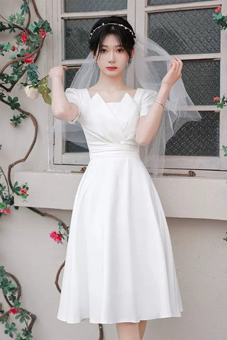 Princess Short Sleeves White Satin Short Prom Homecoming Dresses, White Formal Graduation Evening Dresses WT1012