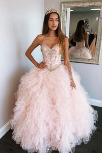 Princess Strapless Beaded Pink Long Prom Dresses, Beaded Pink Formal Evening Dresses