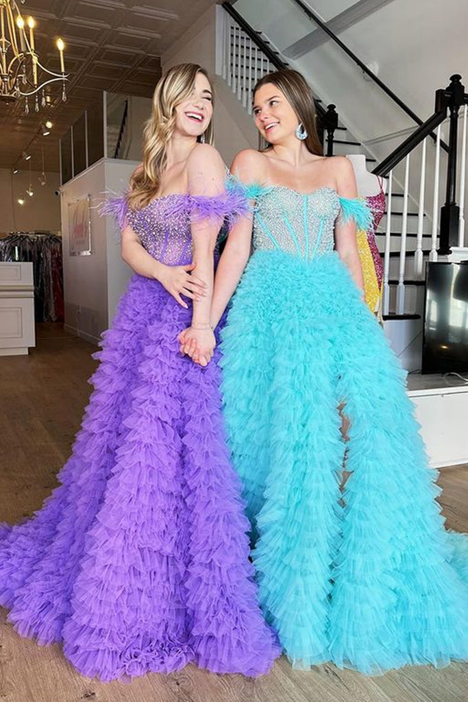 teal and purple dresses Rachel Allan 70835 Long Metallic High Slit Formal Prom Dress