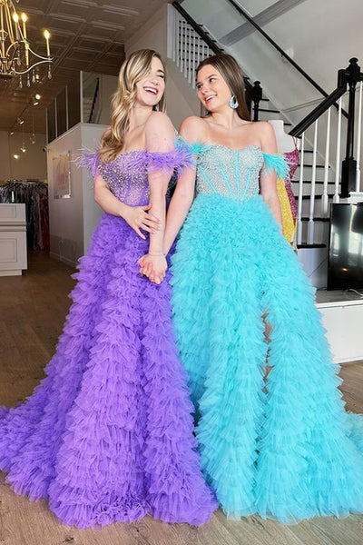 Purple/Teal Tulle Princess Off Shoulder Beaded Long Prom Dresses, Purple/Teal Formal Evening Dresses, Ball Gown WT1132
