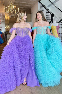 Purple/Teal Tulle Princess Off Shoulder Beaded Long Prom Dresses, Purple/Teal Formal Evening Dresses, Ball Gown WT1132