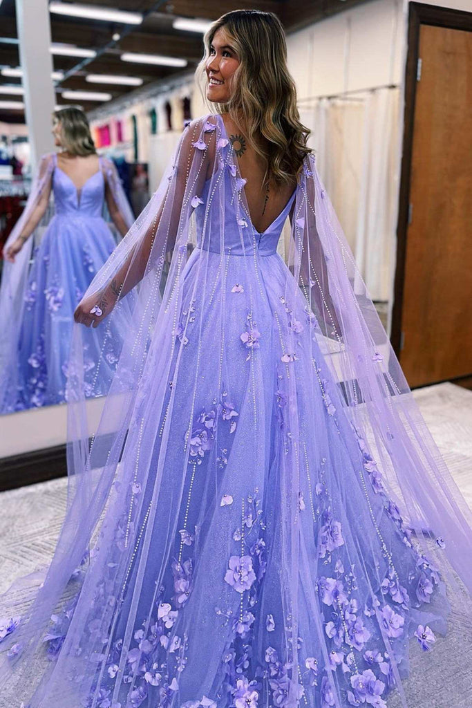 Purple Flowers V Neck Open Back Tulle Long Prom Dresses, Purple Floral – Lwt Dress Purple Flowers V Neck Open Back Tulle Long Prom Dresses, Purple Floral – Lwt Dress
