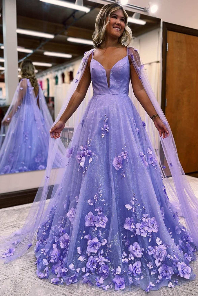 A Line V Neck Purple Tulle High Low Prom Dresses, High Low Purple Tulle  Long Formal Evening Dresses
