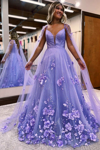 Purple Flowers V Neck Open Back Tulle Long Prom Dresses, Purple Floral Formal Evening Dresses Purple Ball Gown With 3D Flowers WT1125