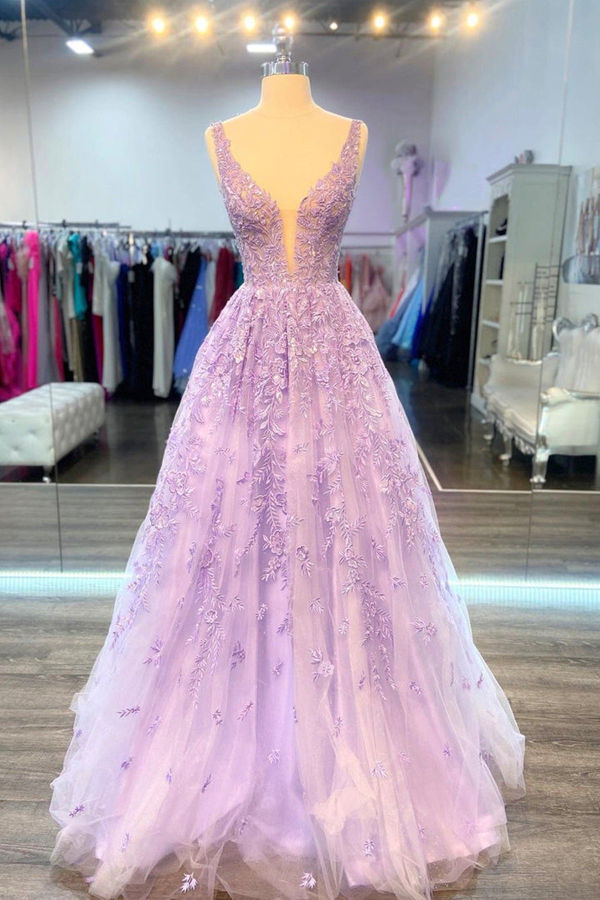 Purple Lace A Line V Neck Tulle Long Prom Dresses, Purple Lace Formal Lwt Dress Purple Lace A Line V Neck Tulle Long Prom Dresses, Purple Lace Formal Lwt Dress