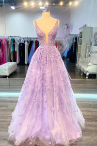 Purple Lace A Line V Neck Tulle Long Prom Dresses, Purple Lace Formal Graduation Evening Dresses WT1062