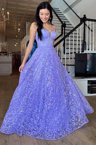 Purple Lace V Neck Open Back Long Prom Dresses, Purple Lace Formal Dresses, Purple Evening Dresses WT1095