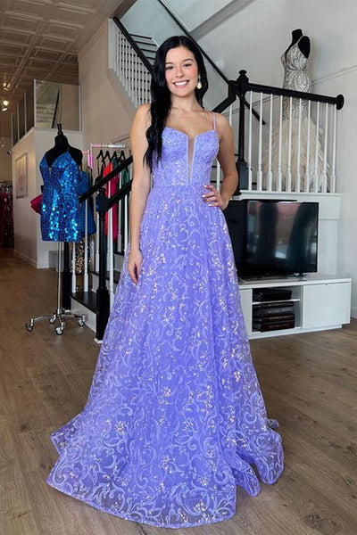 Purple Lace V Neck Open Back Long Prom Dresses, Purple Lace Formal Dresses, Purple Evening Dresses WT1095