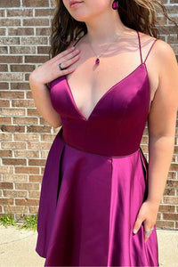 Purple Satin A Line V Neck Short Prom Dresses, V Neck Purple Homecoming Dresses, Purple Formal Evening Dresses WT1029