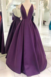 Purple Satin Deep V Neck Backless Long Prom Dresses, V Neck Purple Formal Dresses, Backless Purple Evening Dresses