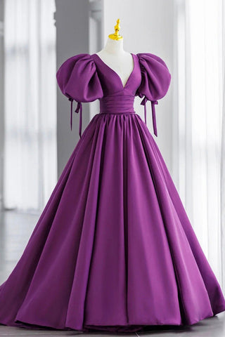 Purple Satin Puff Sleeves Open Back Long Prom Dresses, Long Purple Formal Evening Dresses, Ball Gown WT1703