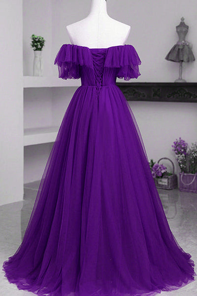 Purple Tulle Elegant Off Shoulder Long Prom Dresses, Off the Shoulder Purple Formal Dresses, Purple Evening Dresses WT1144