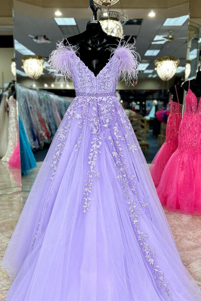 Purple Tulle Off Shoulder V Neck Lace Long Prom Dresses with Belt, Purple Lace Formal Evening Dresses WT1159