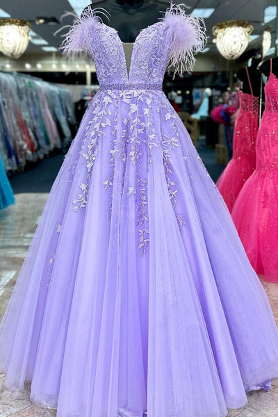 Purple Tulle Off Shoulder V Neck Lace Long Prom Dresses with Belt, Purple Lace Formal Evening Dresses WT1159