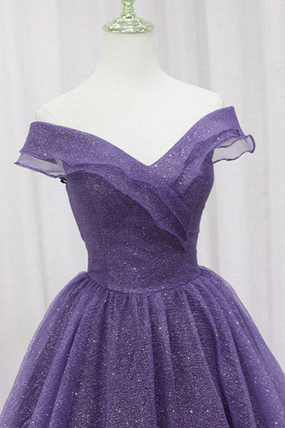 Purple Tulle Off the Shoulder Long Prom Dresses, Shiny Purple Formal Evening Dresses WT1136