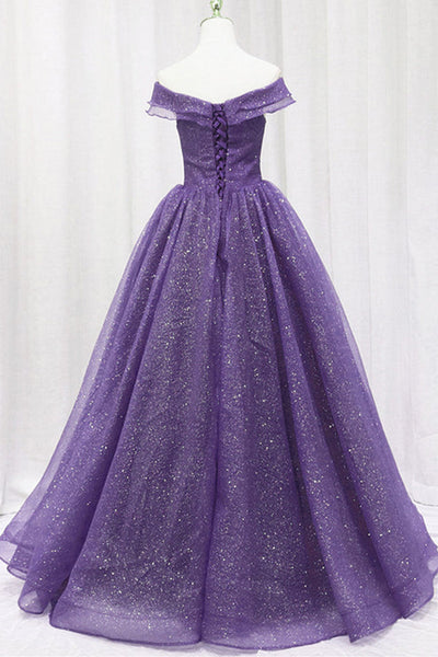 Purple Tulle Off the Shoulder Long Prom Dresses, Shiny Purple Formal Evening Dresses WT1136