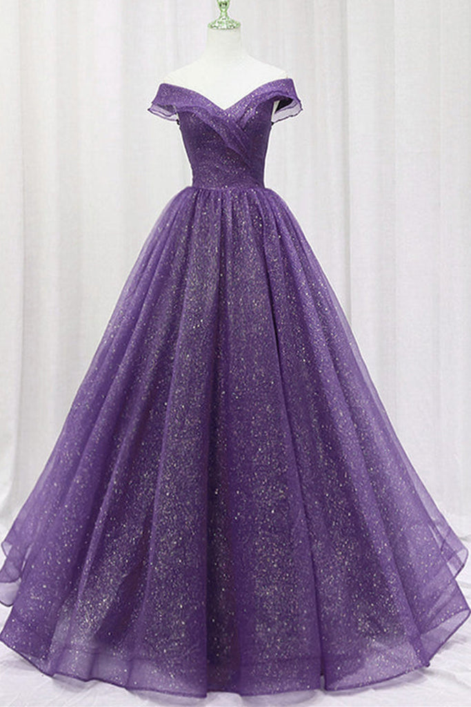 Purple Tulle Off the Shoulder Long Prom Dresses, Shiny Purple Formal E – Lwt Dress Purple Tulle Off the Shoulder Long Prom Dresses, Shiny Purple Formal E – Lwt Dress