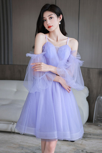 Purple Tulle Princess Long Sleeves Short Prom Dresses, Purple Homecoming Dresses, Lilac Formal Evening Dresses WT1047
