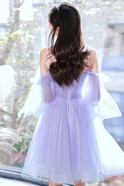 Purple Tulle Princess Long Sleeves Short Prom Dresses, Purple Homecoming Dresses, Lilac Formal Evening Dresses WT1047