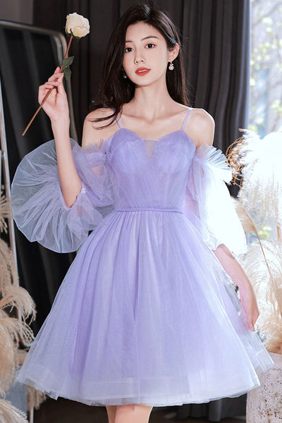 Purple Tulle Princess Long Sleeves Short Prom Dresses, Purple Homecoming Dresses, Lilac Formal Evening Dresses WT1047